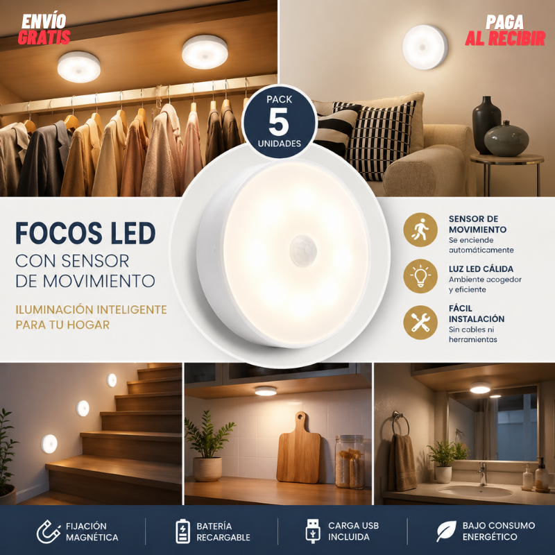 Foco redondo led con sensor: Pack 5 unidades.