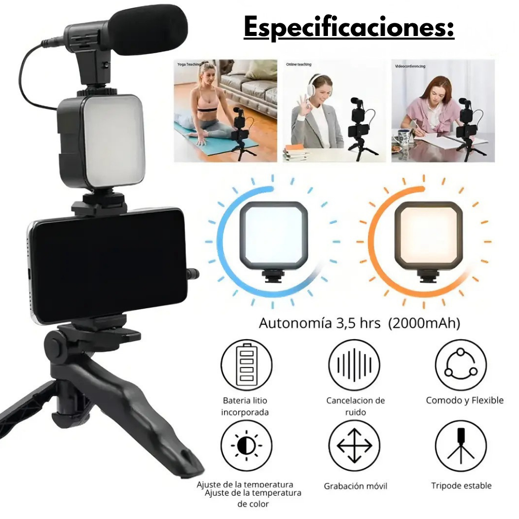 Trípode con luz y micrófono